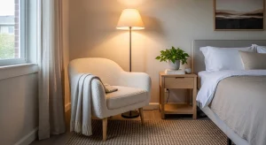 cozy small bedroom with soft reading nook corner