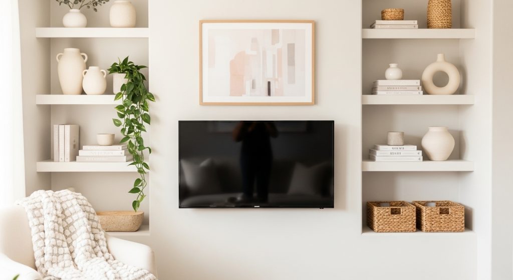 built in shelves small apartment TV wall ideas