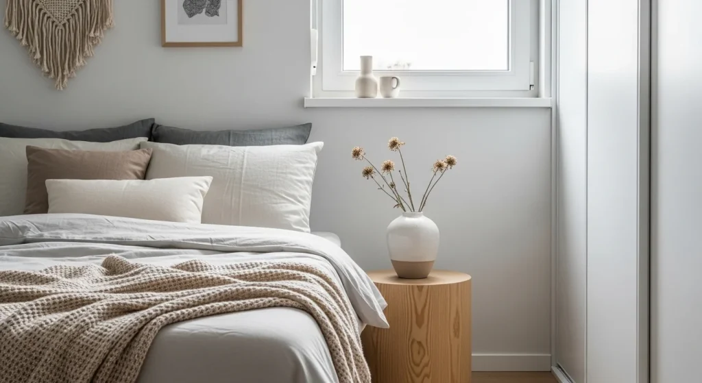 minimal feminine decor small apartment bedroom idea
