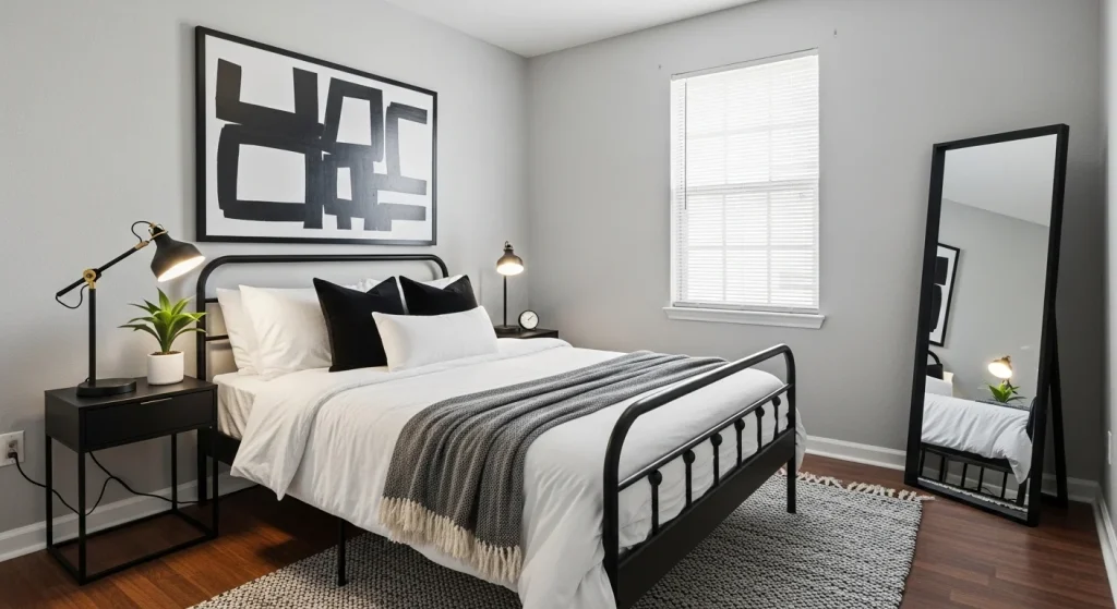 black and white small apartment bedroom for men
