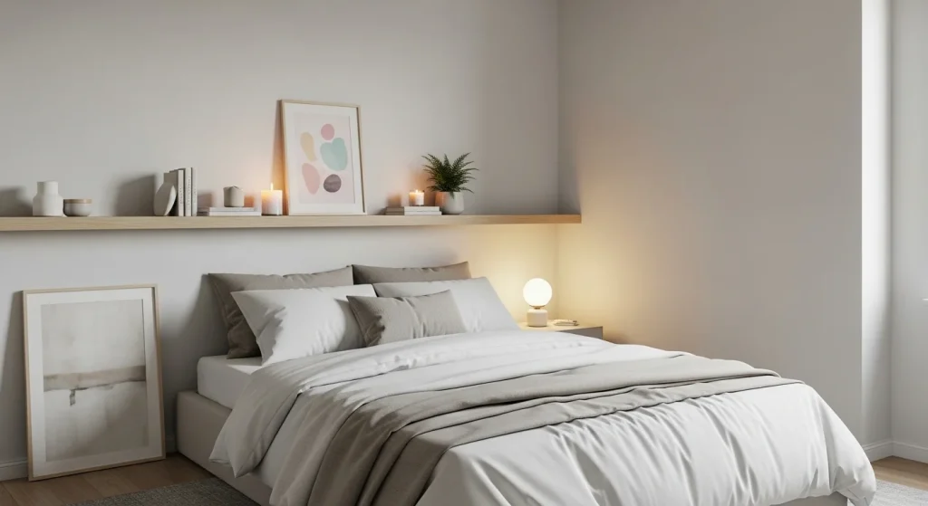  floating shelf aesthetic small apartment bedroom idea
