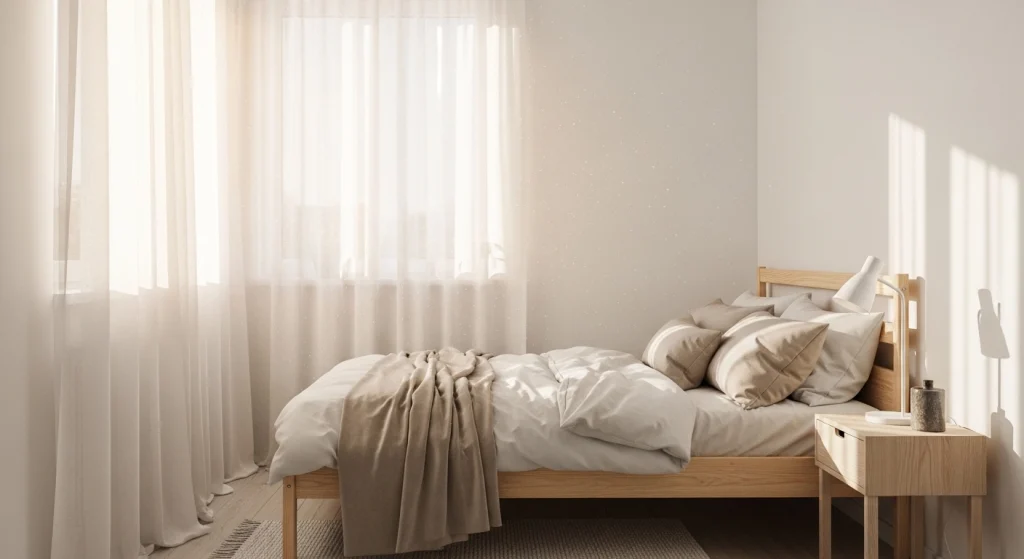 Scandinavian bedroom with sheer curtains and natural light
