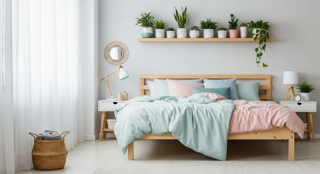  small bedroom with plant wall shelf
