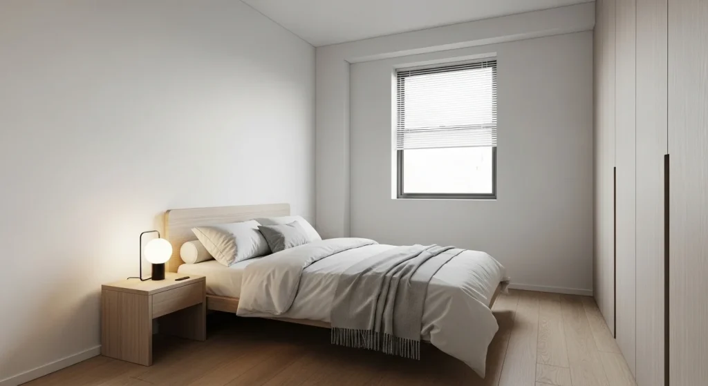 decluttered minimalist bedroom layout