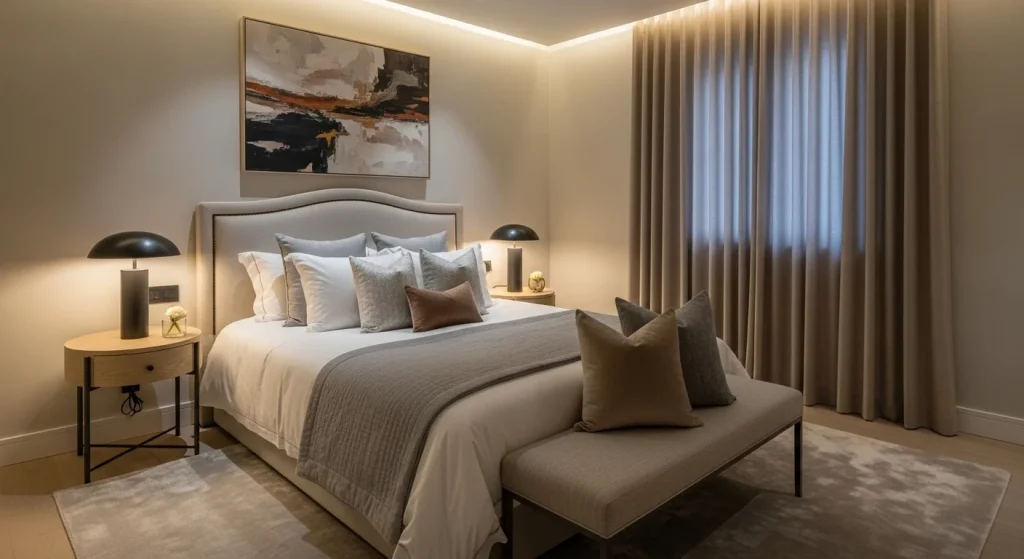 modern luxury bedroom with layered bedding
