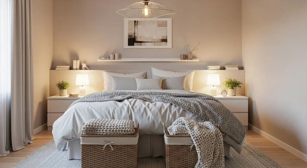 Cozy bedroom organization using woven storage baskets for blankets and pillows