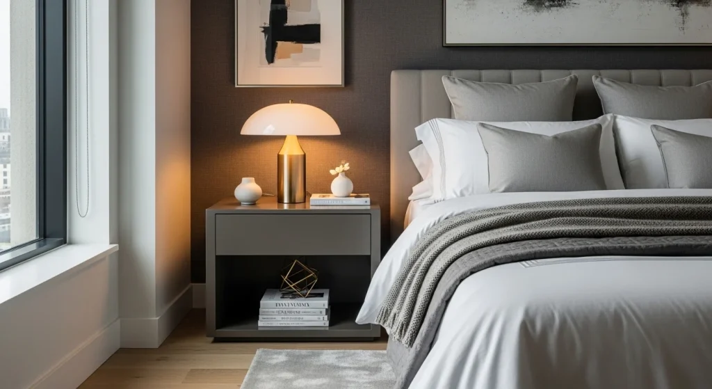 stylish bedside table decor in small bedroom
