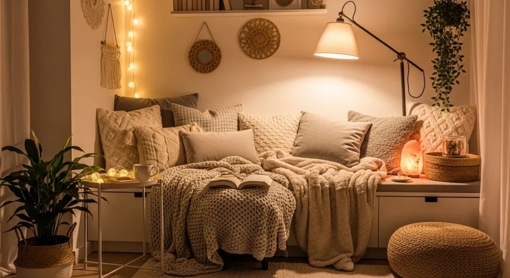 cozy blanket small bedroom reading nook