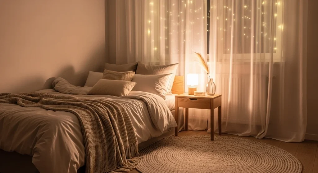 fairy lights with sheer curtains bedroom decor
