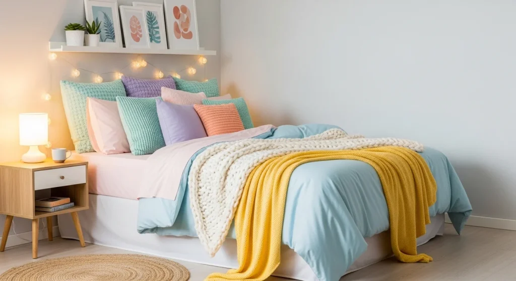  pastel bedding styling in small bedroom