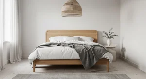  Scandinavian style small apartment bedroom with light wood and white tones 