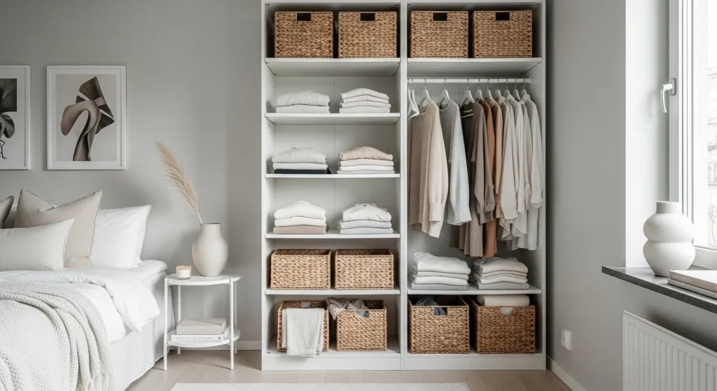  open shelf small bedroom wardrobe organization
