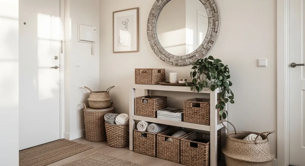 basket storage small apartment entryway storage ideas
