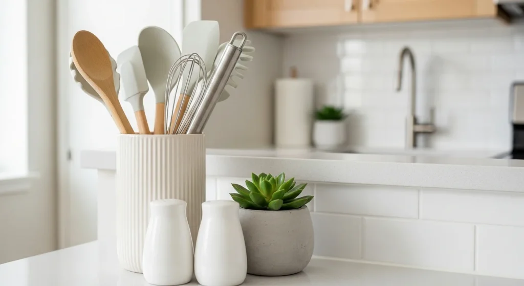 utensil holder small apartment kitchen counter decor ideas
