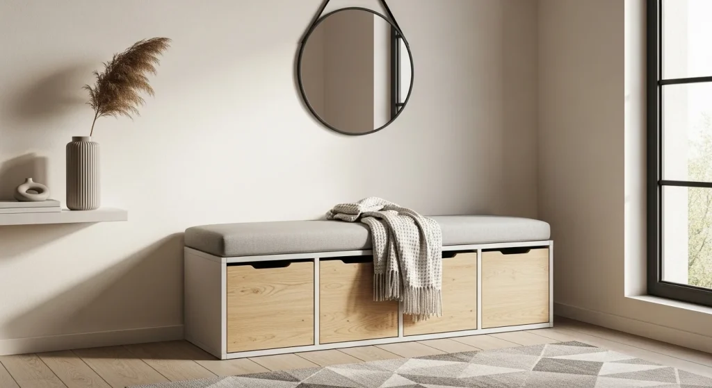 storage bench with hidden compartments in small apartment entryway for clutter free organization

