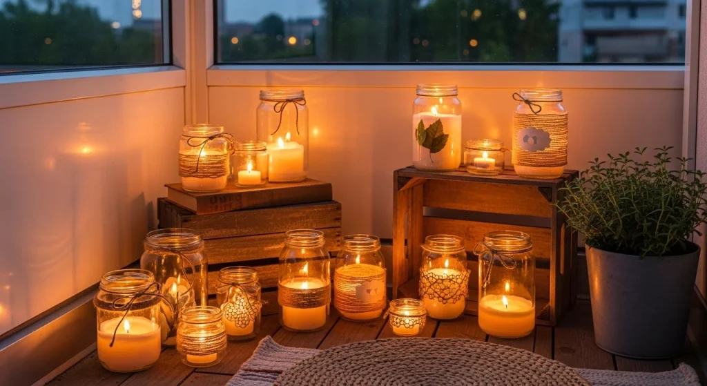 Balcony candles creating soft cozy evening light