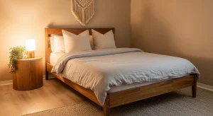 cozy small apartment bedroom with warm wood furniture
