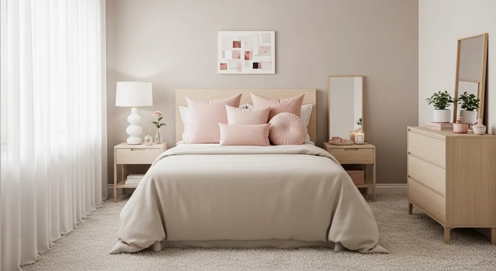 blush accent small apartment bedroom decor for women
