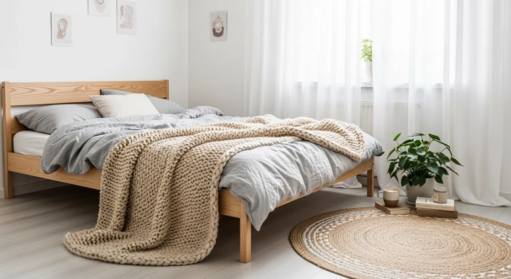 Scandinavian bedroom with sheer curtains and natural light
