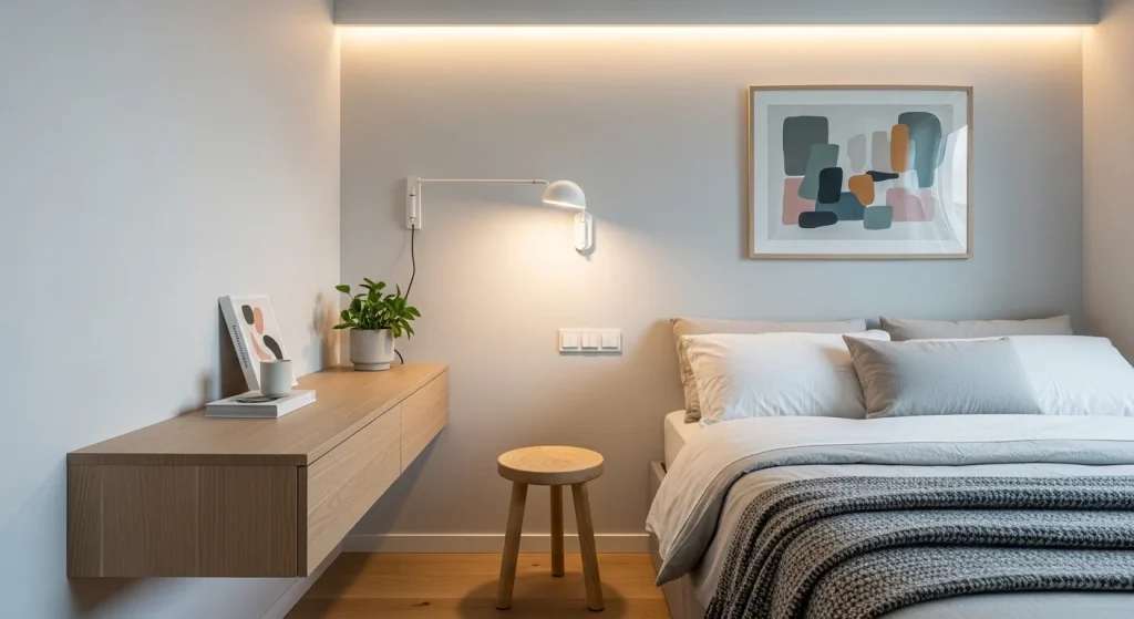 floating nightstand in minimalist bedroom