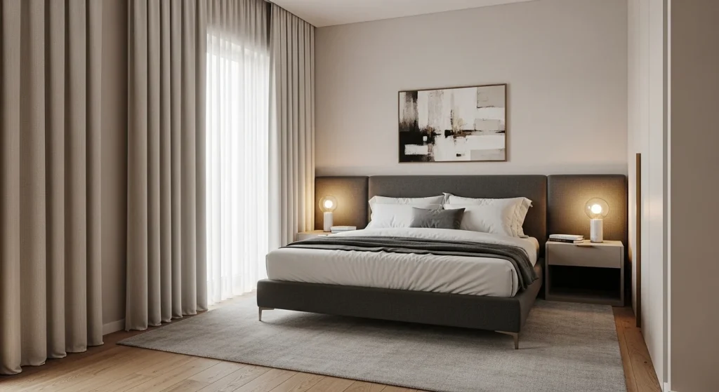 luxury bedroom with tall curtains
