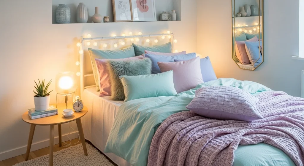 layered pillows in cute aesthetic bedroom