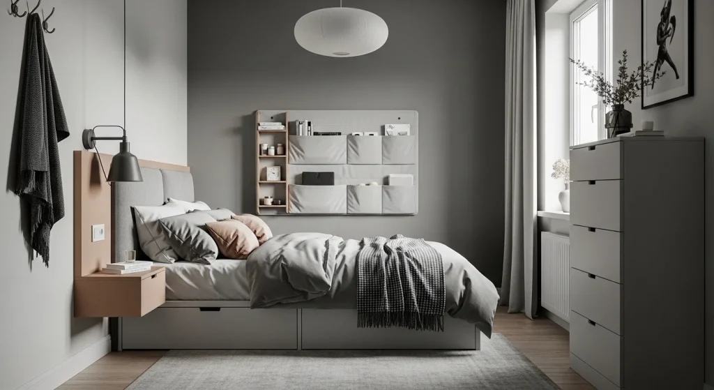 Compact small bedroom with bedside wall organizer pocket storage solution