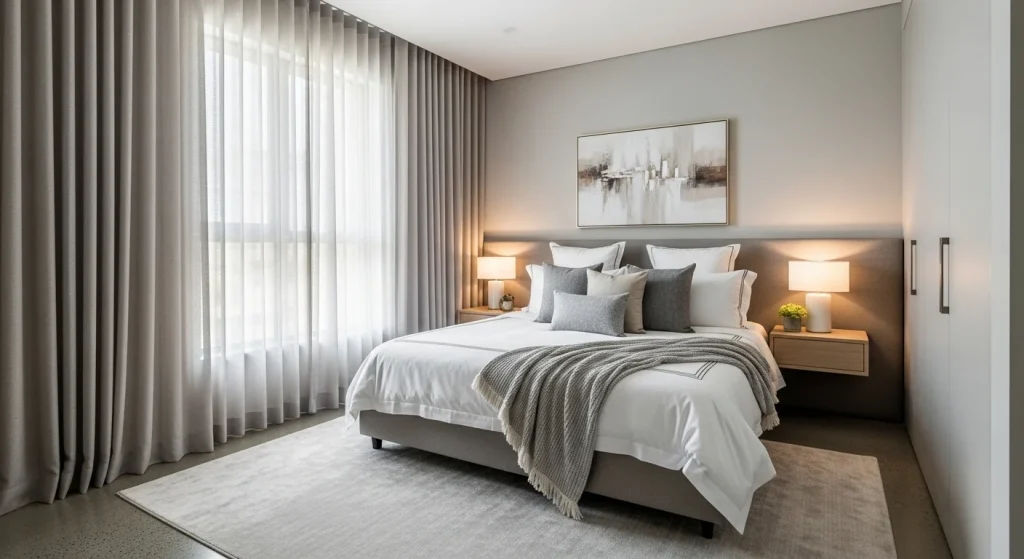 small bedroom with elegant long curtains
