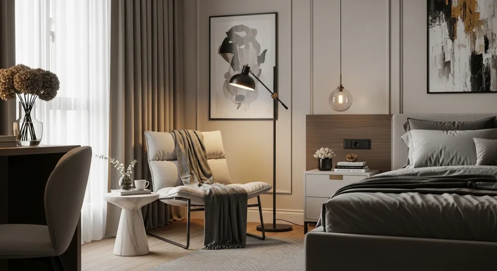 minimal reading chair small bedroom reading nook
