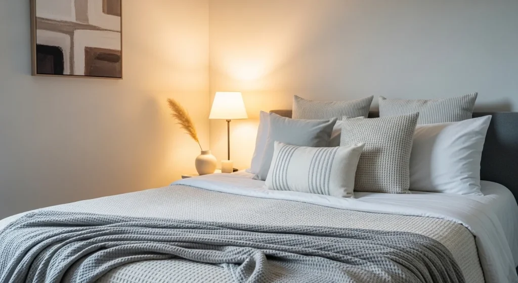 neutral throw blanket styling on bed