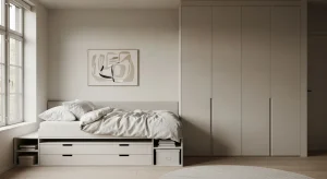 minimalist small bedroom with concealed storage