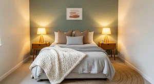  small apartment bedroom with soft sage accent wall 