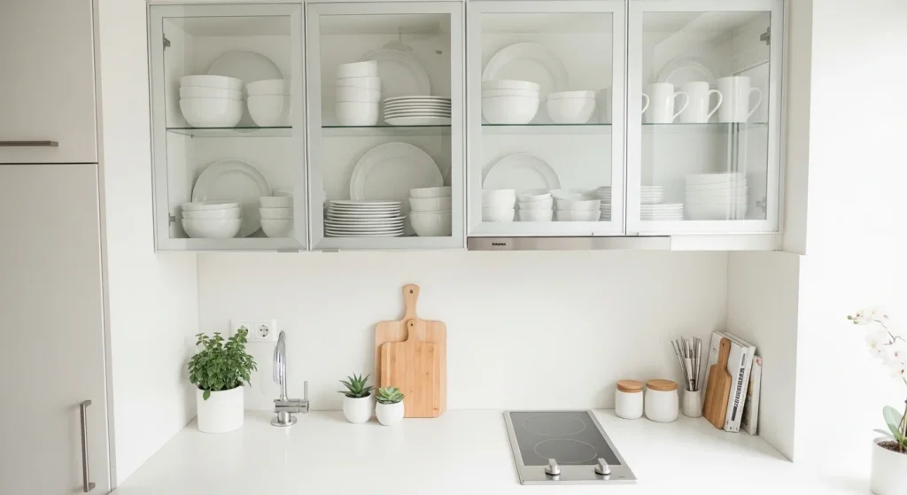 glass cabinet small apartment kitchen ideas