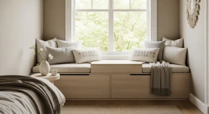 under window storage bench small apartment bedroom