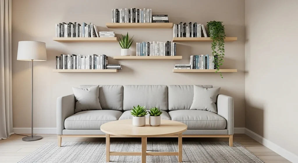 floating shelves small apartment living room decor ideas