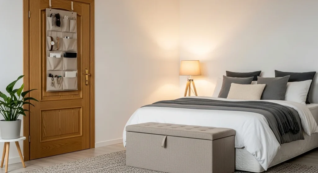 over the door storage organizer in small bedroom