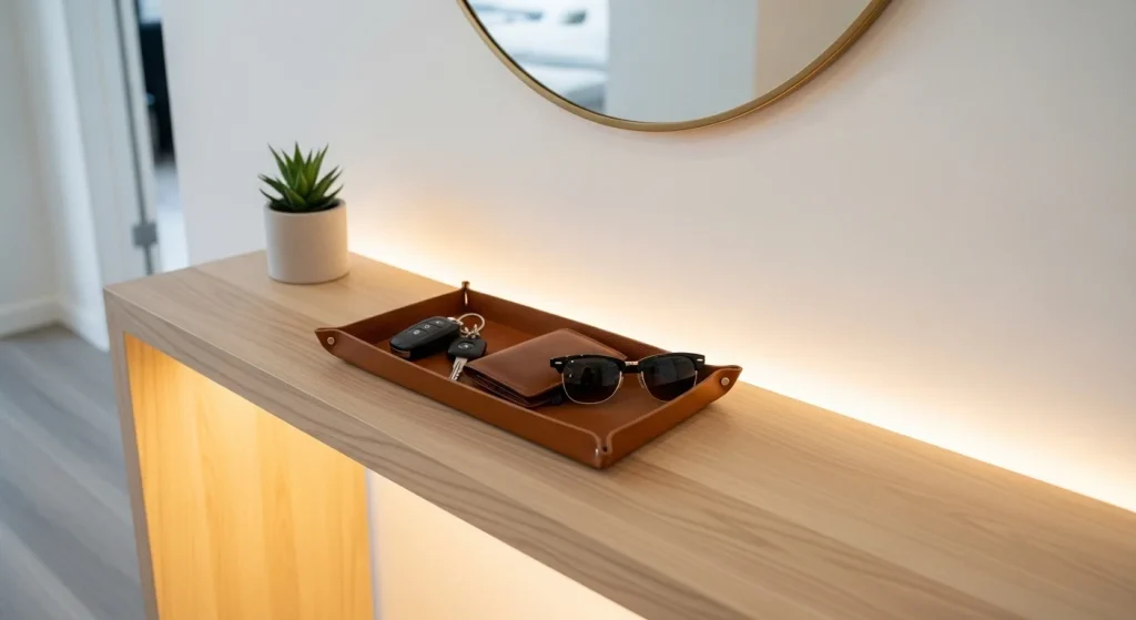 entryway drop zone tray for organizing daily essentials in small apartment space