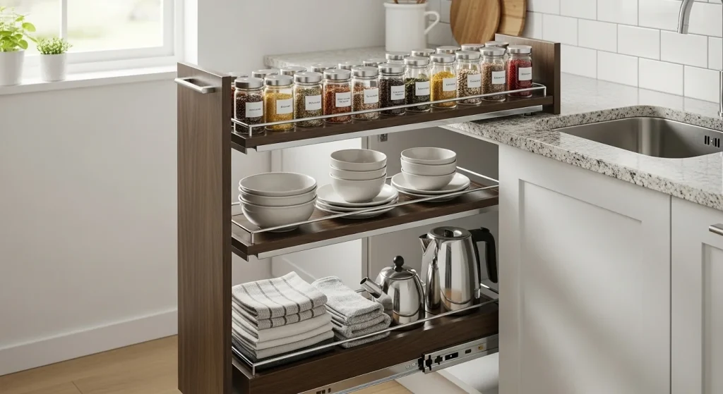 Pull out cabinet organizer for small kitchen