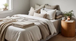 cozy layered bedding in small apartment bedroom
