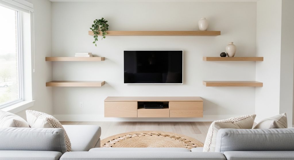 floating shelf small apartment TV wall ideas
