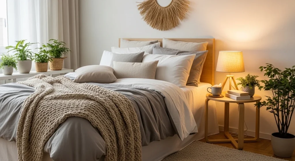 layered bedding aesthetic small apartment bedroom idea
