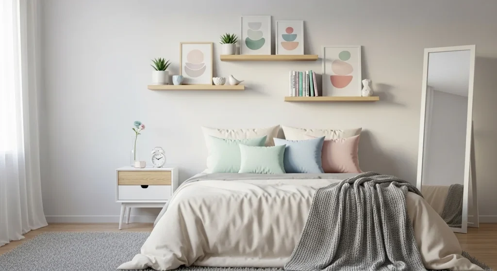 small bedroom with floating decorative shelves