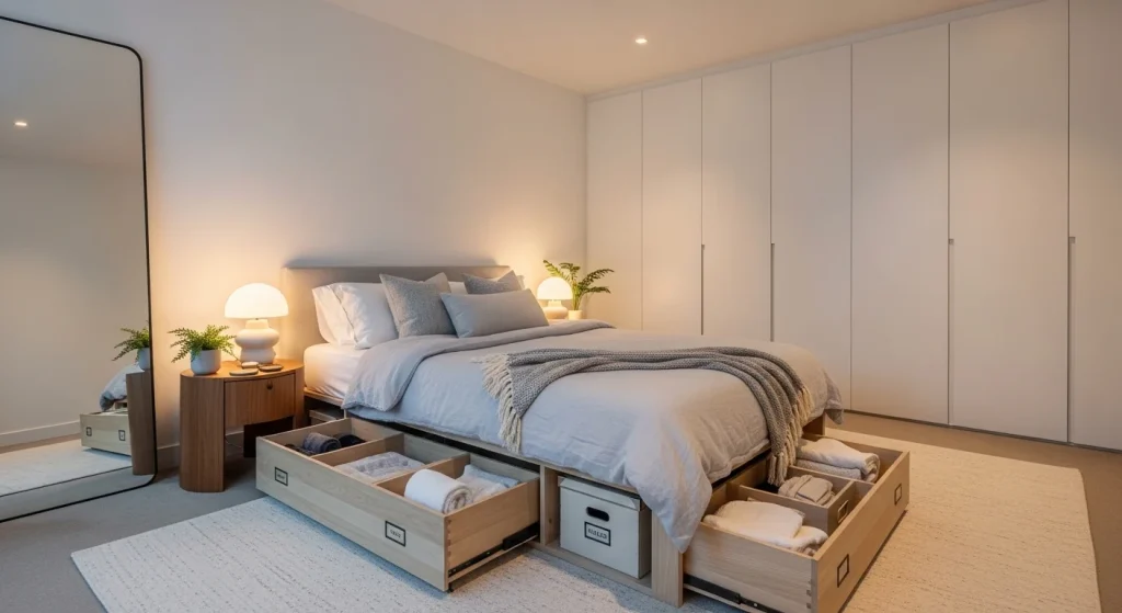 Under bed storage boxes neatly organizing clothes in a modern small apartment bedroom