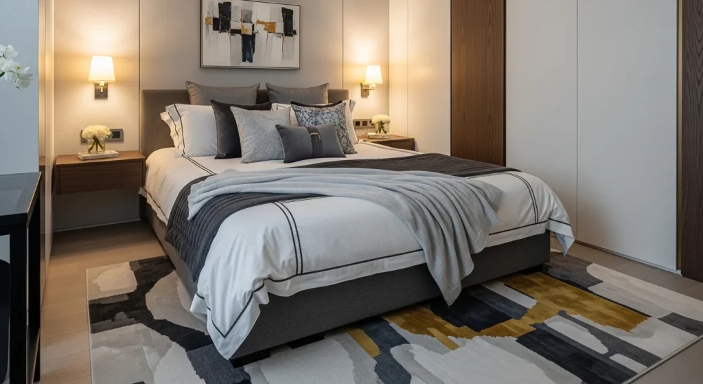  luxury bedroom with designer rug