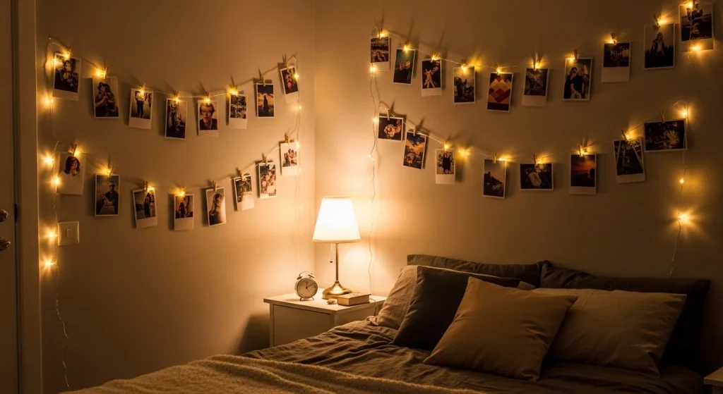 fairy lights photo wall bedroom decor idea