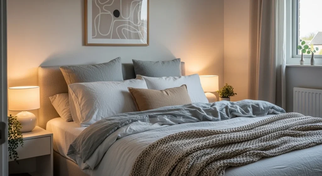linen and cotton bedding combination in small bedroom

