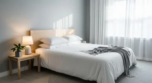 gray minimalist small apartment bedroom