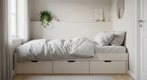 small bedroom with built in under bed storage drawers 