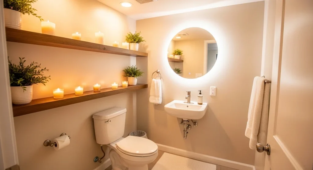 floating shelf cozy small apartment bathroom decor
