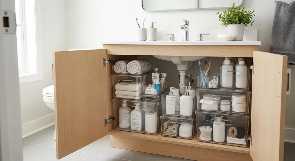 under sink small apartment bathroom storage ideas